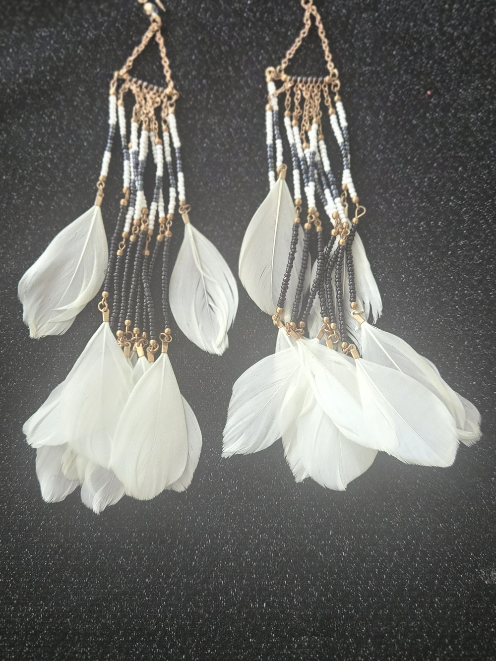 Boho White Feather Bead Drop Earrings - Picture 2 of 4